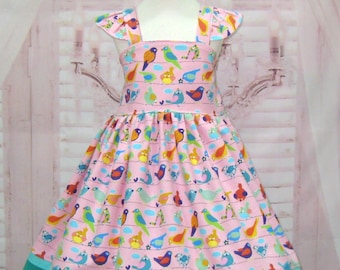 Bird Dress, Girl Pink Dress, Little Bird Dress, Farm Dress, Country Dress,  Country Party Dress, Colorful Birds Dress, Girl Pink SunDress