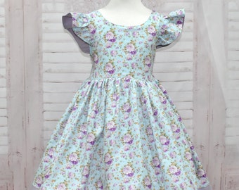 Girl Blue Dress, Vintage Style Girl Dress, Girl Floral Dress, Lilac Dress, Birthday Girl Dress, Girl Purple Dress, Purple Flowers Dress