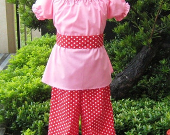 Pink Peasant Top And Red Polka Dots Pant Set, Girls Outfit, Pink Peasant Top, Red Polka Dots Ruffle Pant, Fall Girl Outfit, Baby Outfit