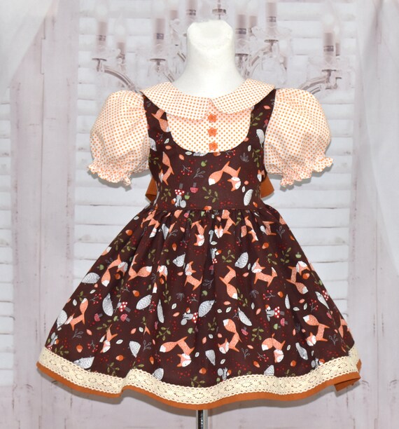 ON SALE SIZE 4T Fox Dress, Girl Brown Dress, Polka Dots Dress, Orange Dress,  Vintage Style Dress, Puff Sleeve, Peter Pan Collar, Fall Dress - Etsy