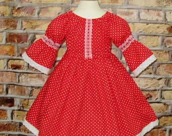 Red Polka Dots Lace Dress, Peasant Dress, Girl Red Dress, Spring Dress, Toddler Dress, Red and White Girl Dress, Birthday Girl Dress