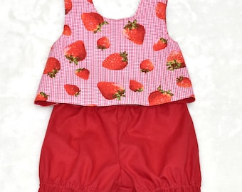 Size 4T RTS Strawberry Pinafore, Strawberry Outfit, Crossover Top, Strawberry top, Red Short, Vintage Style Pinafore, Classic Pinafore