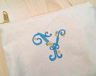 Embroidered Zipper Pouch-Dainty Daisy Initial (Made to Order)