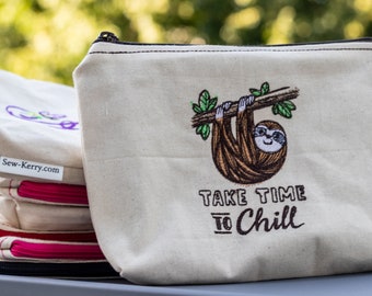Embroidered Zipper Pouch-Take Time to Chill Sloth