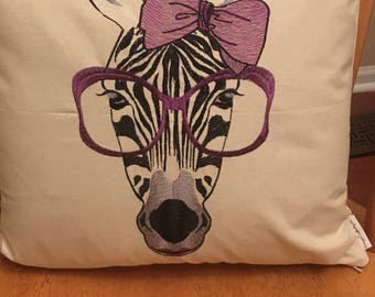 Embroidered Pillow Cover-Zebra with Glasses