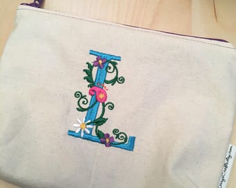 Embroidered Zipper Pouch-Floral Monogram Initial (Made to Order)