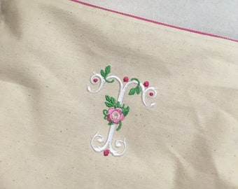 Embroidered Zipper Pouch-Vintage Rose Initial (Made to Order)