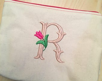 Embroidered Zipper Pouch-Tulip Initial (Made to Order)