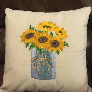 Embroidered Pillow Cover-Sunflowers in a Mason Jar