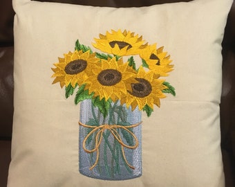 Embroidered Pillow Cover-Sunflowers in a Mason Jar