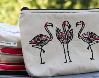 Embroidered Zipper Pouch-Blackwork Flamingo