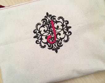 Pochette à glissière brodée-élégante initiale de Damas (faite sur commande)