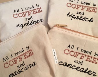 Embroidered Zipper Pouch-Coffee & Mascara, Lipstick, Eyeliner, Concealer (EZip 21)