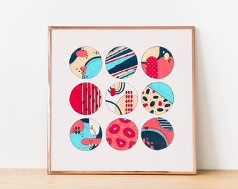 Abstract Circles Wall Art Print – Bold Colorful Geometric Poster – Modern Square Digital Download