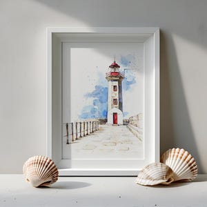 Porto Lighthouse Watercolor Print – Portuguese Coastal Wall Art – Digital Download Nautical Illustration – Travel Home Decor