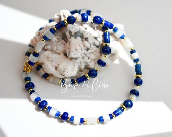 Lapis Lazuli Necklace | Natural Stone and Shell Necklace | Gold Lapis Lazuli | Mixed Beads Beaded Necklace | Beaded Lapis Necklace