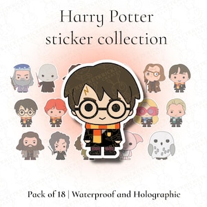 May include: A pack of 18 Harry Potter character stickers. The stickers depict cartoon illustrations of Harry Potter, Dumbledore, Voldemort, and other characters. The stickers are waterproof and holographic.