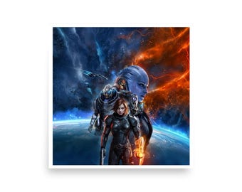 Mass Effect Poster | Commander Shepard Art Print | N7 Logo | Video Game Galaxy Poster | Commander Shepard | Garrus Liara Normandy Fan Decor