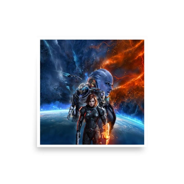 Mass Effect Poster | Commander Shepard Art Print | N7 Logo | Video Game Galaxy Poster | Commander Shepard | Garrus Liara Normandy Fan Decor