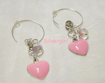 Sparkling Clear Faceted AB Crystal Pink Heart Silver Plate Hoop Earrings