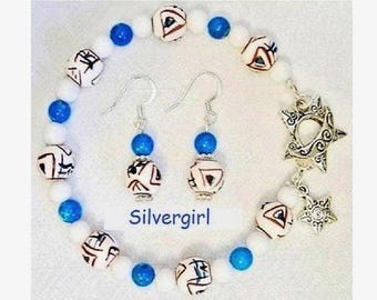 Aztec Bracelet & Earrings Blue White Jade Ceramic Ball Set