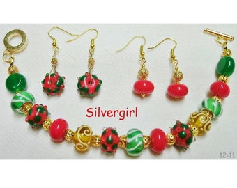 Lampwork Gold White Red Green Gold Plate Bracelet Earring Set Christmas