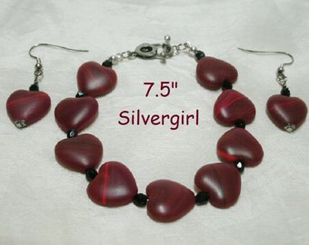 Red Marbled Glass Hearts Bracelet Earring Set