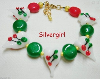 Lampwork Heart Gold White Red Green Gold Plate Bracelet Christmas