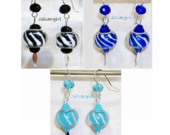 SS Lined European Style Lampwork Beaded Earrings Choose Black Blue Aqua or Multi
