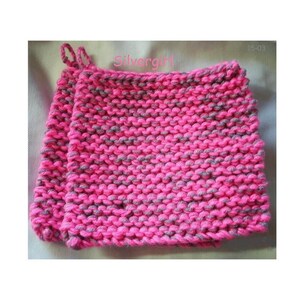May include: Two pink and grey knitted pot holders with a loop handle. The pot holders are made with a simple knit stitch.