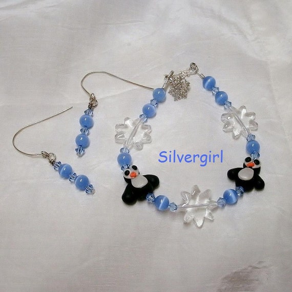 Glass Fibre Optic Crystal Penguin Snowflake Boutique Bracelet Earring Set