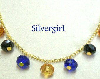 Gold Plated Chain Crystal Drops Gold Black Cobalt Blue 17.5" long.