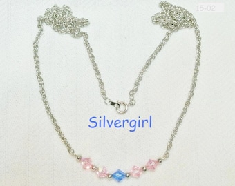 Pink Blue Swarovski Crystal Rhodium Plated Chain Necklace