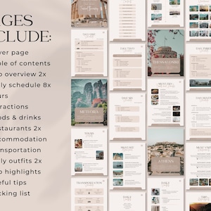 30-page travel itinerary template includes daily schedules, attractions, dining, and accommodations.