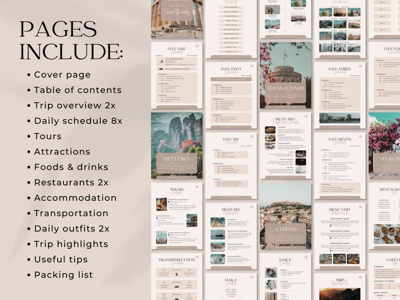 30-page travel itinerary template includes daily schedules, attractions, dining, and accommodations.