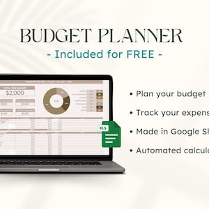 Op de afbeelding: Een laptop met een budgetplanner spreadsheet. Het scherm toont een financieel overzicht met grafieken en gegevens. De tekst op het scherm luidt "Totaal reisbudget &euro;2.000". Andere teksten: "Plan uw budget", "Houd uw uitgaven bij".