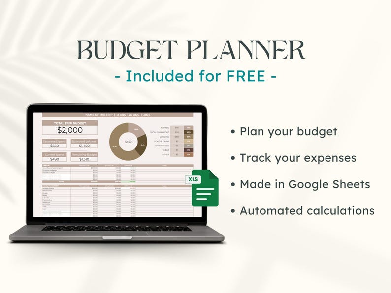 Op de afbeelding: Een laptop met een budgetplanner spreadsheet. Het scherm toont een financieel overzicht met grafieken en gegevens. De tekst op het scherm luidt "Totaal reisbudget &euro;2.000". Andere teksten: "Plan uw budget", "Houd uw uitgaven bij".