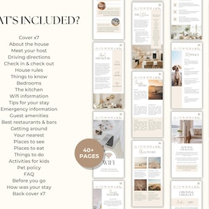May include: A digital guide with a cream and beige color scheme, featuring various pages with text and images. The guide includes sections on house rules, local attractions, and emergency information. The words "WHAT'S INCLUDED?" and "40+ PAGES" are visible.