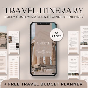 Modelo de itinerário de viagem editável, planejador móvel de viagens, cronograma digital de férias, organizador de viagens de férias, guia turístico de viagem para impressão