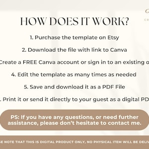 May include: Cream-colored graphic with the text "HOW DOES IT WORK?" and instructions for using a digital template purchased on Etsy. The steps include downloading, editing in Canva, and saving as a PDF. The Filo Creative Co. logo is in the upper right.