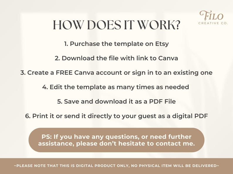 May include: Cream-colored graphic with the text "HOW DOES IT WORK?" and instructions for using a digital template purchased on Etsy. The steps include downloading, editing in Canva, and saving as a PDF. The Filo Creative Co. logo is in the upper right.