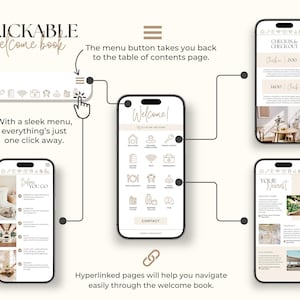 May include: A graphic showing a "CLICKABLE Welcome book" on smartphones. The screens display a welcome page, menu, and other pages. Text includes "With a sleek menu, everything's just one click away." and "Hyperlinked pages will help you navigate easily through the welcome book."