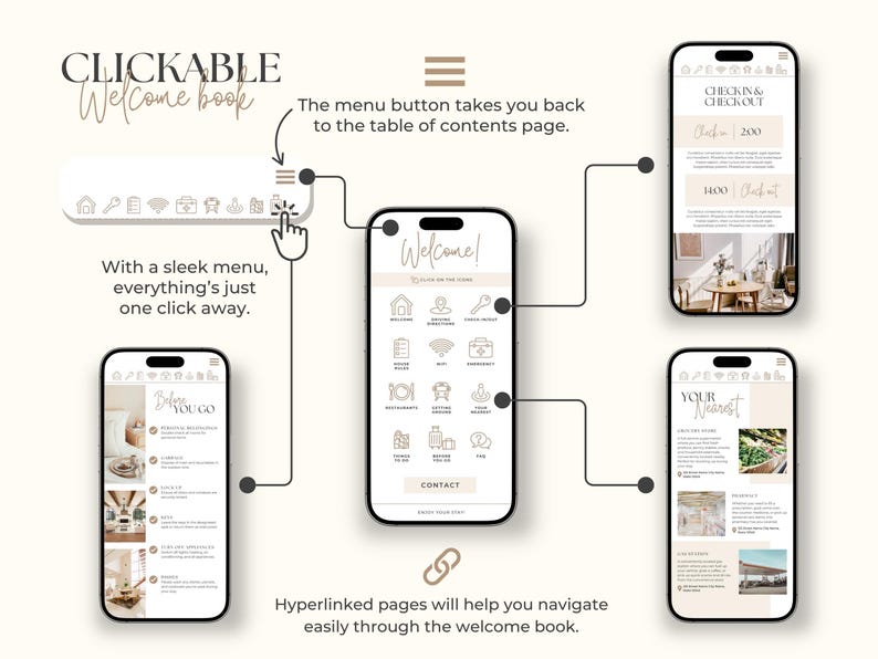 May include: A graphic showing a "CLICKABLE Welcome book" on smartphones. The screens display a welcome page, menu, and other pages. Text includes "With a sleek menu, everything's just one click away." and "Hyperlinked pages will help you navigate easily through the welcome book."