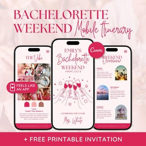 Puede incluir: Un itinerario móvil para un fin de semana de despedida de soltera, que se muestra en tres teléfonos inteligentes. El diseño es en tonos rosas y blancos, con las palabras "Bachelorette Weekend" e "Itinerario móvil". El itinerario incluye el texto "Emily's Bachelorette Weekend Miami July 8".