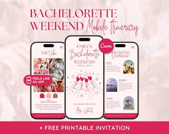 May include: A mobile itinerary for a bachelorette weekend, featuring three smartphones displaying event details. The design is in shades of pink and white, with the text "Bachelorette Weekend" and "Mobile Itinerary". The itinerary includes the text "Emily's Bachelorette Weekend Miami July 8".