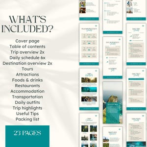 Op de afbeelding: Een reisroute sjabloon met een turquoise en beige kleurenschema. De pagina's bevatten secties voor dagschema's, bestemmings overzichten, tours en paklijsten. De tekst "WHAT'S INCLUDED?" en "23 PAGES" zijn zichtbaar.