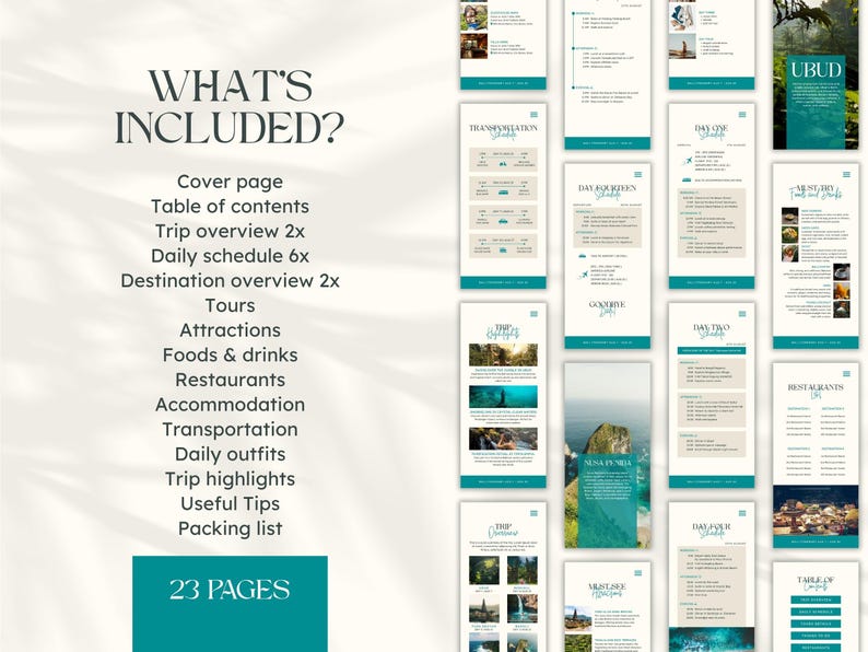 Op de afbeelding: Een reisroute sjabloon met een turquoise en beige kleurenschema. De pagina's bevatten secties voor dagschema's, bestemmings overzichten, tours en paklijsten. De tekst "WHAT'S INCLUDED?" en "23 PAGES" zijn zichtbaar.