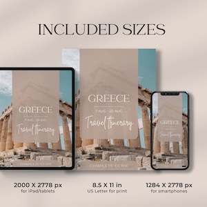 Travel itinerary template sizes include 2000x2778 px for tablets, 8.5x11 in for print, 1284x2778 px for smartphones.