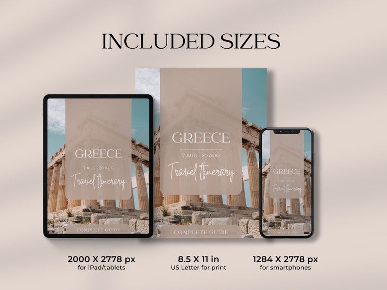 Travel itinerary template sizes include 2000x2778 px for tablets, 8.5x11 in for print, 1284x2778 px for smartphones.