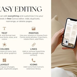 May include: A smartphone displays a design layout with text and images. The phone is held in front of a beige background. The image includes the text "EASY EDITING" and describes features like text editing, photo integration, and color customization.
